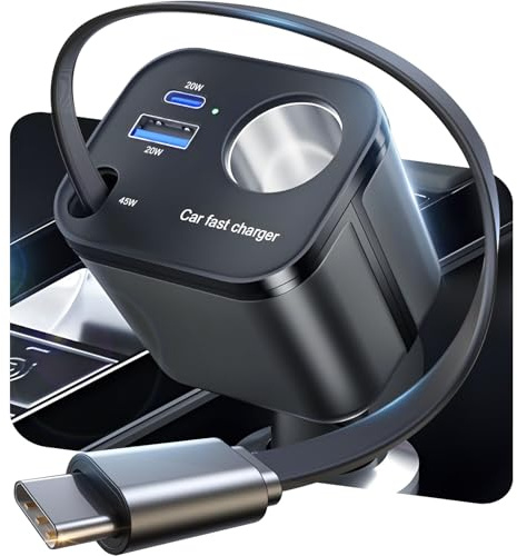 4 IN 1 Zigarettenanzünder USB C Verteiler- [60% Kleiner]145W Auto Ladegerät | 24/12V KFZ Ladegerät mit Einziehbare Kabel, Mini USB Adapter Auto Schnellladegerät Steckdose für iPhone 17 Pro Max