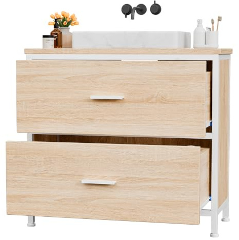 ELUCHANG Mueble bajo Lavabo, Armario de baño con 2 cajones, Estrecho 60x30x60cm, Madera MDF E1+Metal, Robusto y Resistente al Agua, Roble/Blanco, Ideal para baños pequeños y WC Invitados