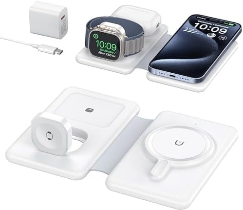 3 in 1 Kabelloses Ladegerät, Mag-Safe Ladestation, Tragbarer, Faltbarer Wireless Induktives Ladegerät Kompatibel mit iPhone 17/16/15/14/13/12, Apple Watch, AirPods
