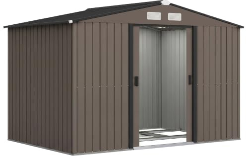 Outsunny Abri de Jardin Acier Galvanisé XXL 5,4 m² Kit Fondation Marron | Kit de Fondation, Cabane de Jardin, Cabanon Rangement Outils, Portes Coulissantes Verrouillables, 4 Aérations, 277x195x192cm
