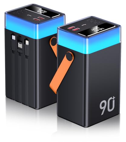 2026 Power Bank 90000mAh Fast Charging 30W, PowerBank Battery Pack USB C Portable Charger with Built-in Cables for Camping, Outdoor, Travel with 9 RGB Colours and Flashlight Changing for Smartphone
