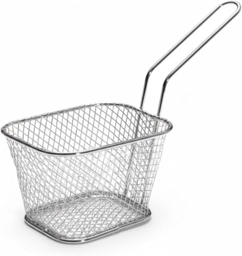 PNJB Mini Fry Basket, Stainless Steel, Heat-Resistant, Ergonomic Handle, Fine Wire Mesh Design, Deep Frying & Serving Wire Mesh Basket for Fries, Chips, Snacks & Appetizers, Sqaure Tray
