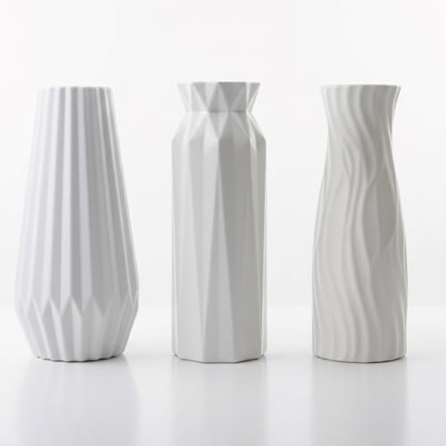 3er Vasenset Weiß Dekovasen Kunststoff Vasen Set Wohnzimmer Deko Regal Blumenvase Gerippte Tischvasen Modern