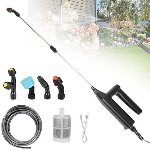 Pulvérisateur de Jardin Électrique sans Fil - 7.4V avec 2 Batteries 2000mAh, 3 Modes, 4 Buses, Tuyau 3/5/8m & Perche Télescopique 60cm, pour Arrosage et Nettoyage Extérieur (3m)
