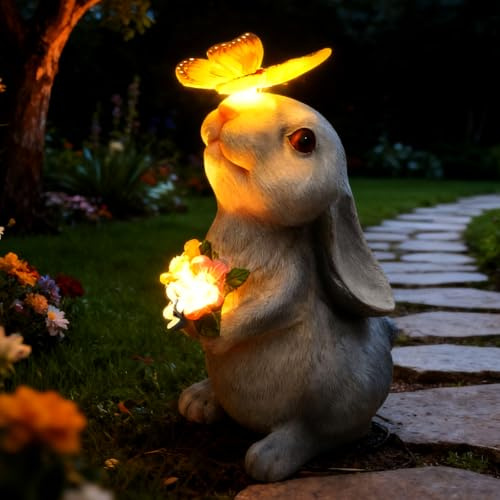 YATOSEEN Garten Kaninchenstatue mit Solarlampe, Kaninchen 2 | Osterhase Figur, Harz, Draussen, Einweihungsgeschenk