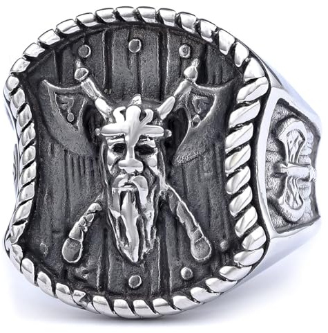 IXMLDAXD ring， Two-Tone Gold & Silver Retro Warrior Face with Mjolnir Axe Design, Vintage Nordic Jewellery(Silver,Q)