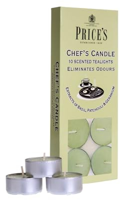 Price's - Velas de té de Chef's - Paquete de 10 velas de té que eliminan el olor - Hechas con extractos de albahaca, pachulí y geranio, fragancia limpia, fresca y de calidad - Aroma de larga duración