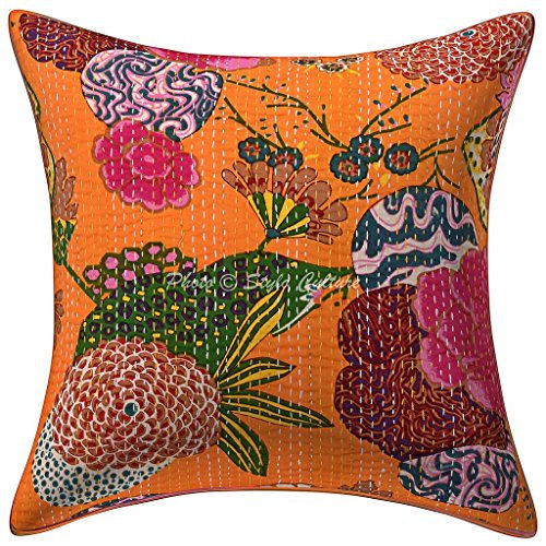 Stylo Culture Indio Fundas Almohadones Decorativa 40x40 cm Algodón Tropicana Fundas para Cojines Silla Naranja 16x16 Inch Kantha Impreso Cuadrado sobre Fundas Cojines Sofa - 1 Pc