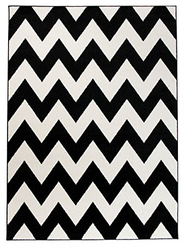Carpeto Rugs Moderner Designer Teppich Zick-Zack Geometrisches Muster - Flor Modern Designer Muster - Wohnzimmer Schlafzimmer Esszimmer - Weiß Schwarz - 60 x 100 cm