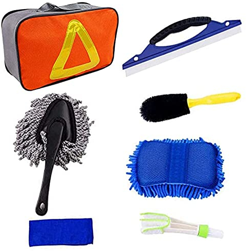 BESELER 7Pcs Car Wash Kit Car Cleaning Kit Car Cleaner Tools Kit, Includes Tire Brush, Duster, Air Conditioning Brush, Car Washing Towel, Car Wash Cloth, Window Water Scraper, Storage Bag