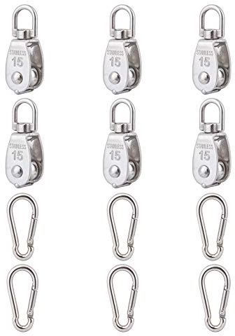 6Pcs 304 Stainless Steel M15 Single Pulley Block, Wire Rope Hanging Wire Towing Wheel, with 6Pcs Spring Snap Hook