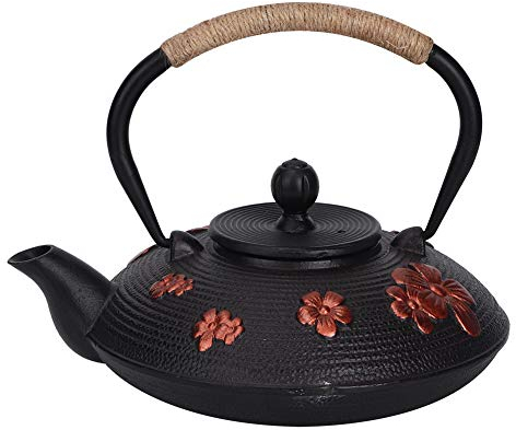 Theiere en Fonte, Théière à Motif Cerise Orientale Rouge Bouilloire Rétro Classique Élégante avec Couvercle et Poignée, Outil de Boisson pour la Maison et le Salon de Thé - 0,9 L/30 Oz