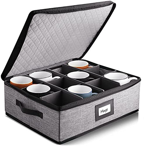 Coffee Mug Storage, Quilted and Stackable Coffee Cup Storage Organizer for Service of 12, Mug Storage Box with Dividers, Mug China Storage Containers Hard Shell for Moving and Seasonal Storage