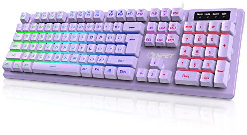 NPET K10 Wired Gaming Keyboard, RGB Backlit, Spill-Resistant Design, Multimedia Keys, Quiet Silent USB Membrane Keyboard for Desktop, Computer, PC (Purple)