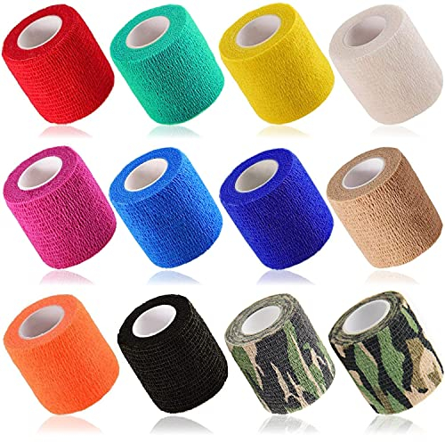 Selbsthaftende Bandage, 12 Rollen Haustier-Wickelbandage, selbsthaftend, elastische Sport-kohäsive Bandagen für Finger-Handgelenk, Knie, Knöchel, verschiedene Farben, 5 cm x 4.5 m