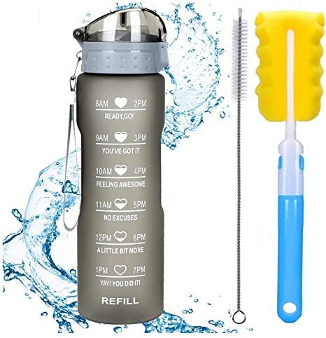 XACIOA 1L Wasserflasche mit Strohhalm, Kunststoff-Tritan-Trinkflasche mit Motivations-Zeitmarkierungen, auslaufsicher für Fitness und Outdoor-Sport, BPA-frei