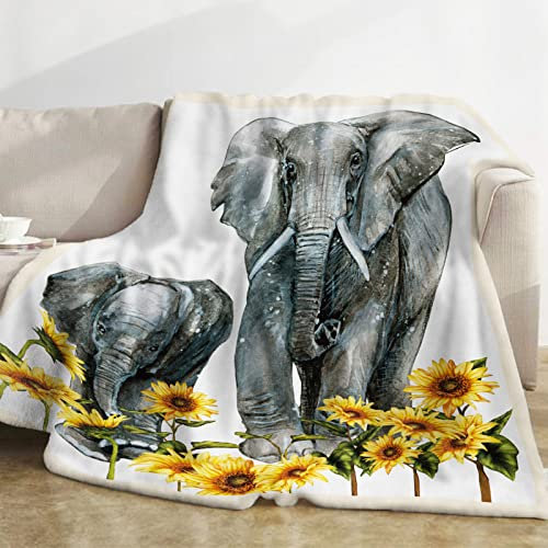 Elefanten Kuscheldecke Mit Sonnenblumen - Weiche Flanell Plüsch Fleece Wohndecke für Teenager, Tochter, Mama, Erwachsene - Warmes Geburtstagsgeschenk für Sofa Und Bett - 130x152cm