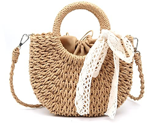 Crbeqabe Stroh-Clutch-Handtasche mit Tragegriff oben, Rattan-Strohtasche, Sommer-/Strandtasche, Umhängetasche, Umhängetasche, Reise-Strandtasche, Khaki, Einheitsgröße
