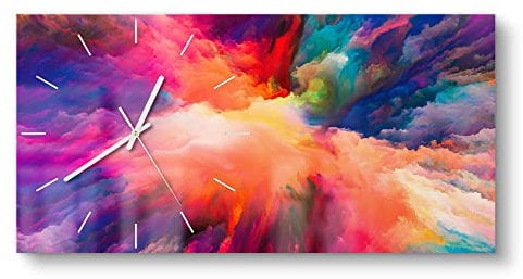 DEQORI Glasuhr | vertikal 60x30 cm | Motiv Bunte Farbwolke | große XXL Design Uhr aus Glas | leise Wanduhr für Wohnzimmer & Küche | Moderne Hingucker Uhr für die Wand