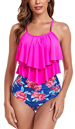 FLYILY Maillot de Bain Tankini pour Femme Haut Double à Volants Taille Haute Maillots de Bain 2 pièces Maillots de Bain