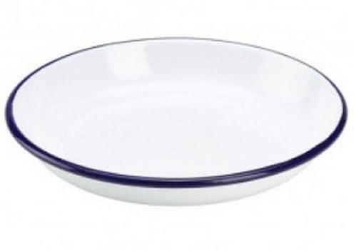 Premium Quality Traditional Enamel White Blue Trim Rice Plate, Pasta Bowl, Dinner Soup Mixing Deep Dish Tableware Crockery (Rice Plate 20cm)