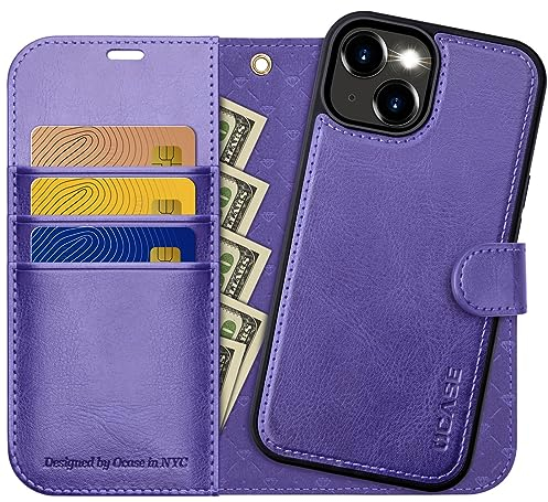 OCASE for iPhone 15 Detachable Case, Magnetic Removable 2 in 1 Flip PU Leather Wallet Case with[Kickstand][RFID Blocking][Card Holder] Shockproof Phone Cover,Purple
