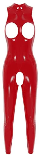 FEESHOW Frauen Lackleder Body Wetlook Catsuit Brust Und Schritt Offen Jumpsuit Latex Rubber Gummi Ganzanzug Party Clubwear A_Rot XL