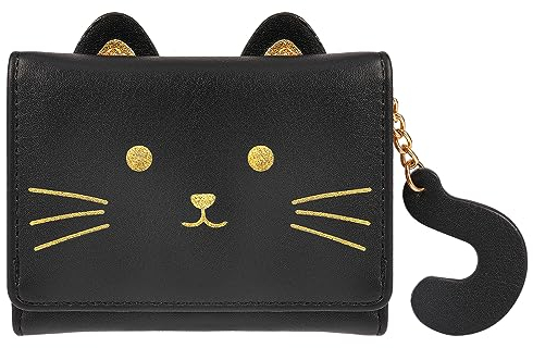 Vspek Damen Geldbeutel, Klein und im Kurzformat Portemonnaie Damen PU Leder RFID Schutz Mini Schön Portemonnaie mit Münzfach Geldbörse Weich Bequem Große Kapazität Geldbörse Kupplung, Schwarze Katze