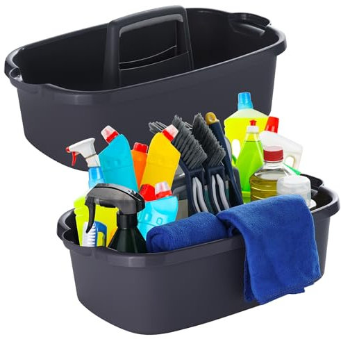 Omirome 2er-Pack große graue Reinigungsbehälter für Reinigungsmittel mit Griff – tragbarer Kunststoff-Tragetasche für Dusche, Bad, Küche, Unterspüle