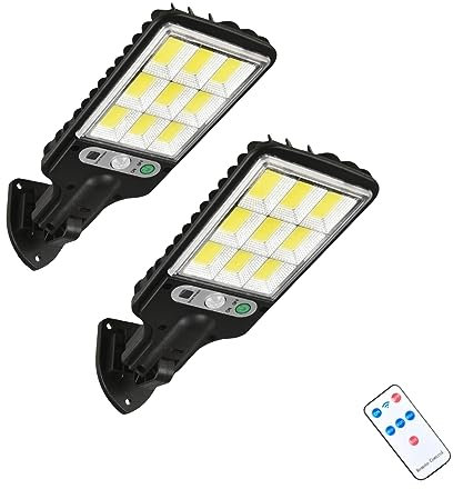 Solar Floodlights Outdoor, 2 pack mit Motion Sensor, 108 COB Solar Leuchten, IP67 wasserdicht, 3 Beleuchtungsmodi für Hof, Zaun, Garten