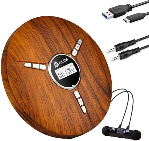 KLIM Discman - Tragbarer CD Player mit eingebautem Akku - NEU - inklusive KLIM Fusion Kopfhörer Kompakter Mini Portable CD Player, kompatibel mit CD-R, CD-RW und MP3 - Discman CD Player - Holz