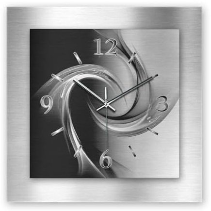 Kreative Feder 3D Designer-Wanduhr aus gebürstetem Aluminium leise Wanduhr ohne Ticken quadratisch 40x40cm (Abstrakt Wirbel, leises Funkuhrwerk)