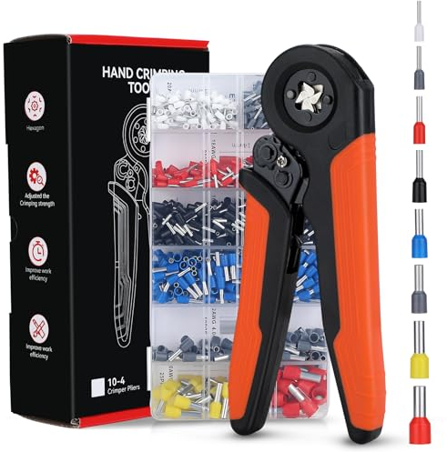 HOLULO Pinza Crimpatrice Capicorda con 1200 Puntalini Elettrici,per Capicorda 0.08-10 mm² Terminale Isolato Capicorda Terminali a Crimpare,Autoregolante,Pinza Puntalini Elettrici (quads-arancio)