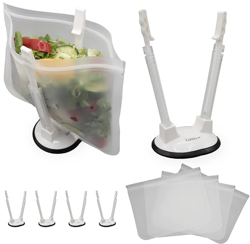 4 Baggy Rack Holders & 4 Food Bags for Food Prep/Meal Planning/Food Storage Adjustable Bag Stand for Small to Large Food Bags/ZipLock Bags/Sandwich Bags/Freezer Bags & 4 Freezer-Safe Meal Prep Bags
