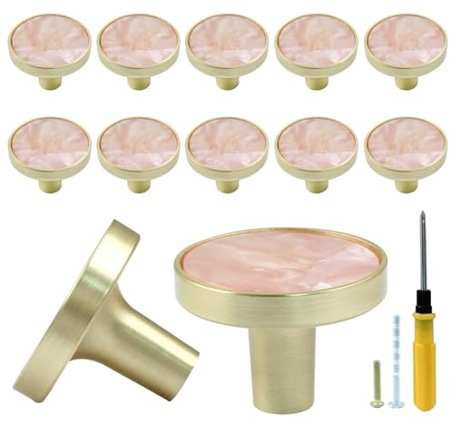 Bonsicoky 12 Pcs Gold Knobs for Dresser Drawers, Round Dresser Cabinet Knobs Pulls for Kitchen Cabinet Cupboard Door Furniture Decorative, Pink
