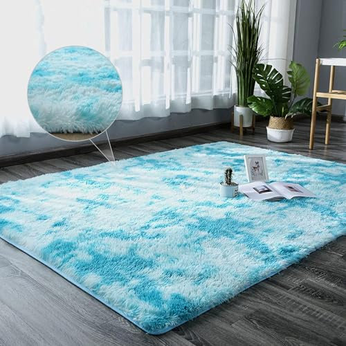 Tapis Chambre Shaggy Tapis 100 x 100 cm Tapis de Salon Chambre, Panorama Tapis Carreaux Ciments Long Lavable Divers Couleurs pour Chambre Salon Salle À Manger, Bleu Ciel