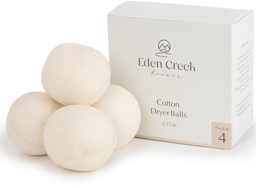 Eden Creek Linens Cotton Dryer Balls Pack of 4, 2.75 in, Natural Plant-Based Vegan Fabric Softener, Reusable and Unscented, Oeko-Tex Certified Laundry Balls