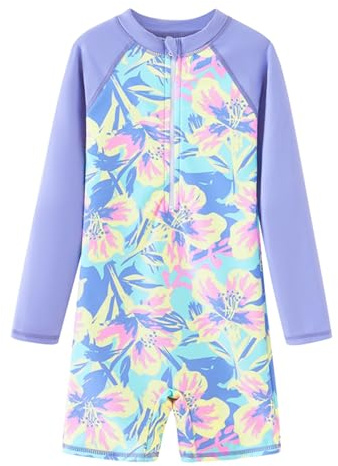 Girls Rash Guard Long Sleeve One Piece Swimsuits with UPF 50+ Sun Protection Zipper Bathing Suits Lavender，Flower,6Y