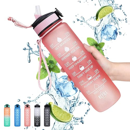 Gaiayhc Bouteille d'eau de sport de 1 l,avec marqueur de temps et paille, design anti-fuite pour sport, randonnée, gym, fitness, extérieur,cyclisme,école et bureau,dégradé violet bleu (rose clair)