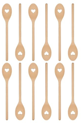 Argon Tableware Wooden Cooking Spoons - 30cm - Pack of 12 - Heart Shaped Long Heat Resistant Non-Stick Kitchen Serving Mixing Spoon Utensils for Cooking, Baking, Stirring