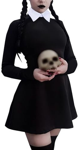 LUYANA Halloween Costumes for Adult Women Peter Pan Collar A Line Fit and Flare Skater Casual Dress M Black