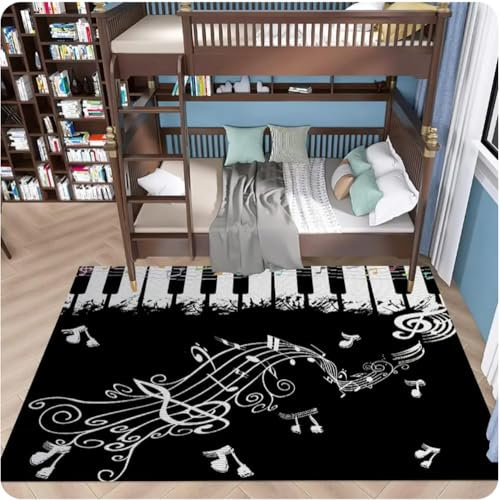YANGECHEN Music Carpet Black Piano Key Rug Rectangle Area Rugs for Bedroom Bedside Living Room Non-Slip Floor Mat 80X150Cm