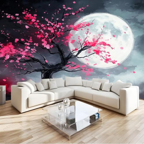 Fototapete Aquarellmalerei Vollmond Kirschblütenbaum 250 x 175 cm Vlies Tapete 3D Effekt Moderne Wandtapete Dekoration, für Wohnzimmer Schlafzimmer TV-Hintergrund Wanddeko Wallpaper