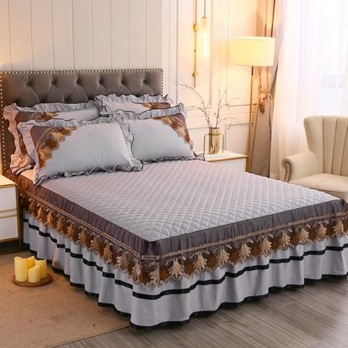 Epinki Bett Rock & 2er Kissenbezüge 200x220cm Set Weich, Spitze Bettrock Elastisch Einfarbig Grau Schlafkomfort, Baumwolle Bett Laken Bezug Unterbett als Schutz für Boxspringbett & Topper