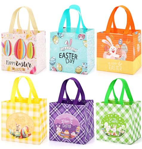 Geschenktüten Ostern mit Henkel 6 Stück, Ostertüten zum Befüllen für Kinder | Häschen Küken Ei Taschen, Non-Woven Ostertaschen zum Verpacken von Geschenken, Eiersuche, Partyzubehör, Wiederverwendbar