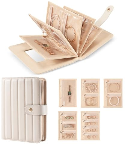 Lolalet Organizador de Joyas de Viaje, Estuche Portátil para Almacenamiento de Joyas con Cremallera, Libro Carpeta con Espejo Incorporado y Bolsa de Terciopelo para Mujer - Beige