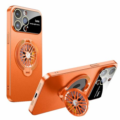 LOWBDGFU Magnetic Case for iPhone 15 Pro Max/15 Pro/15 Plus/15, Window Glass Lens Protection, 360° Rotating Gyroscope Ring Stand Mobile Phone Case (Colour: Orange, Size: 15ProMax)