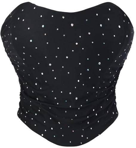 SHYMMUO Schwarzes Korsett-Top für Damen, Satin, Sommer, Ausgehen, trägerloses Bustier, bauchfreies Top für Party, Gothic, Halloween-Kostüme, Schwarze Pailletten, X-Large