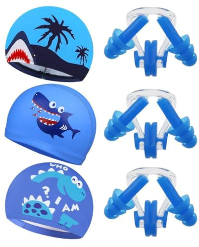 EHDWXVZM Cappelle da Nuoto per Bambini A 3 Pezzi, con 3 Set di Tappi per Le Orecchie E Clip per Il Naso, Graziosi Tappi da Nuoto di Cartoni Animati, Attrezzature per Il Nuoto.