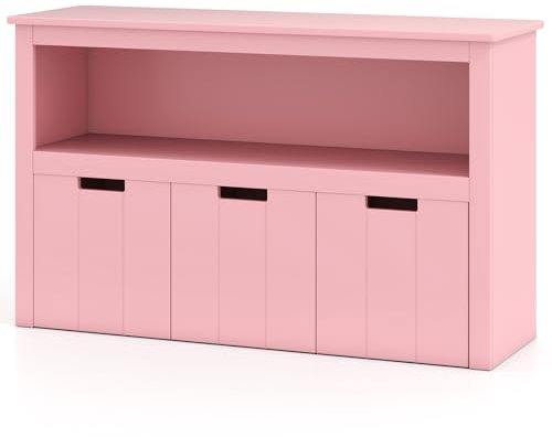 GOPLUS Meuble Rangement Enfant, Bibliothèque Enfant Bois à 3 Tiroirs, Grande Armoire Etagère à Cubes de Rangement pour Livres Jouets, pour Chambre d'enfant, 102x33x62CM (102 x 33 x 62 cm,Rose)